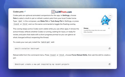 OpenAI Codex Pets 桌面动画伙伴功能正式发布截图